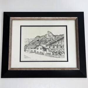 Framed Kofel Oberammergau Germany Signed Drawing Print Passion Play Bavaria Alps